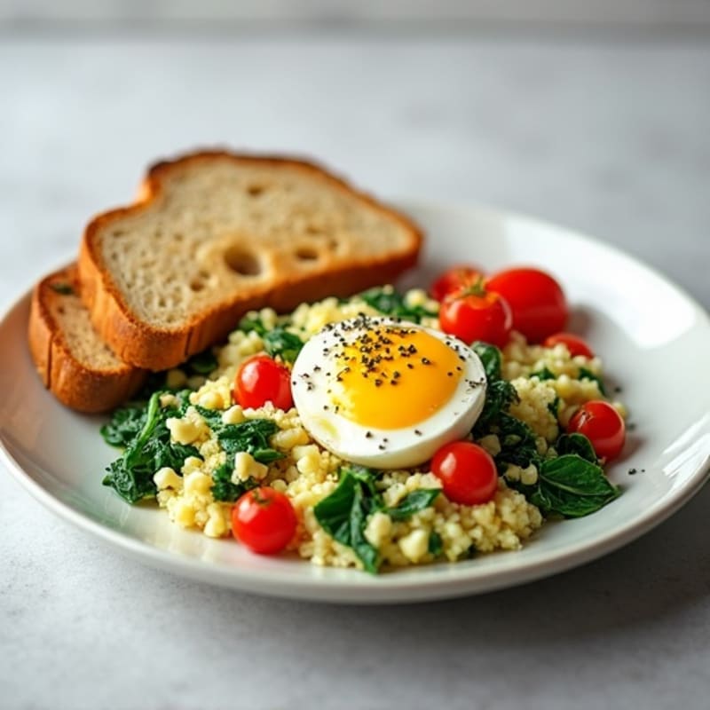 Egg White Spinach Scramble with Cottage Cheese and Cherry Tomatoes