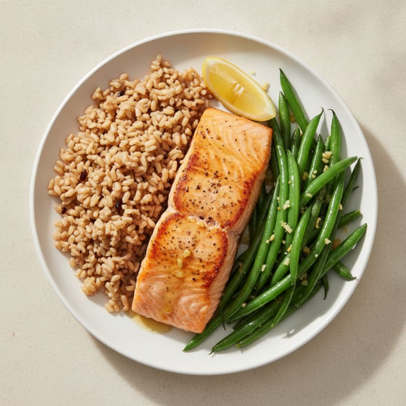 Seared Salmon with Garlic Green Beans and Brown Rice