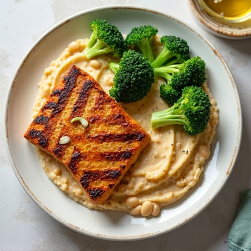 Grilled Tempeh with Creamy White Bean Mash and Steamed Broccoli