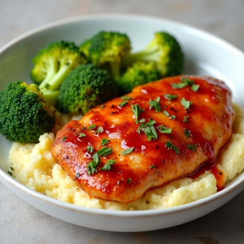 Sweet-Chili Glazed Chicken with Garlic Mashed Potatoes and Roasted Broccoli