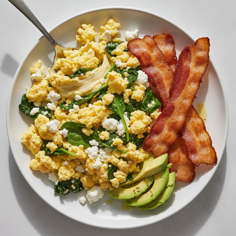 Cottage Cheese Egg Scramble with Spinach and Turkey Bacon