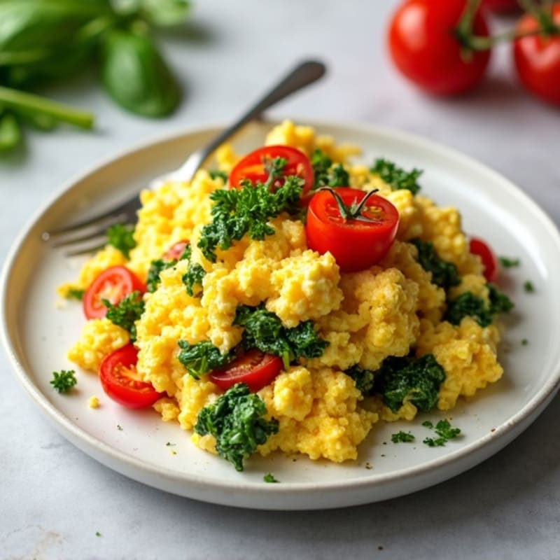 Cottage Cheese Egg Scramble with Spinach and Cherry Tomatoes