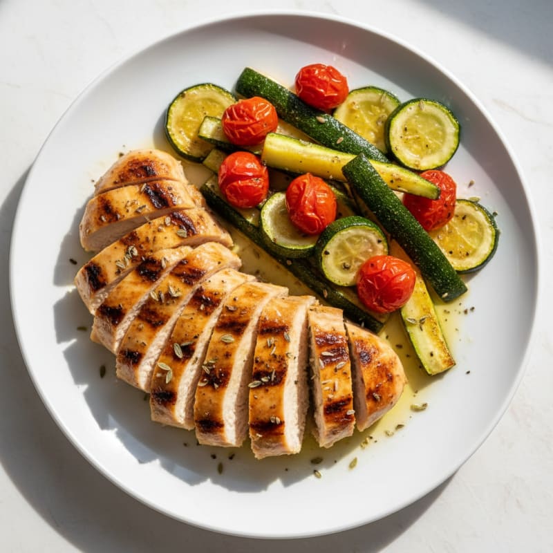 Grilled Chicken Breast with Roasted Zucchini and Cherry Tomatoes