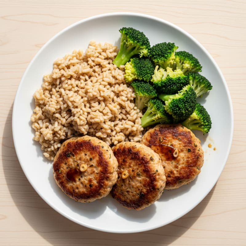 Seared Turkey Patties with Steamed Broccoli and Brown Rice