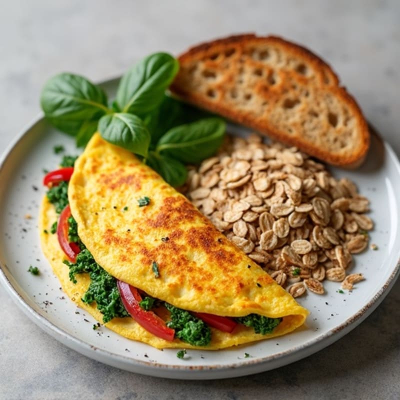 Egg and Spinach Omelette with Turkey Bacon and Toasted Oatmeal
