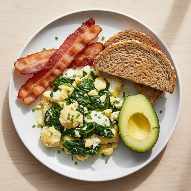 Crispy Turkey Bacon and Egg White Scramble with Spinach