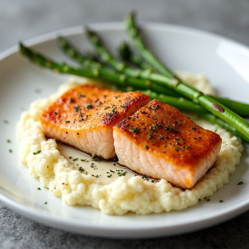 Seared Salmon with Steamed Asparagus and Cauliflower Mash