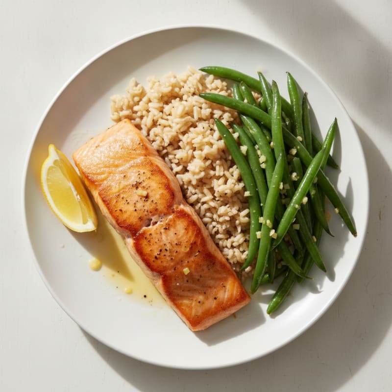 Seared Salmon with Garlic Green Beans and Brown Rice