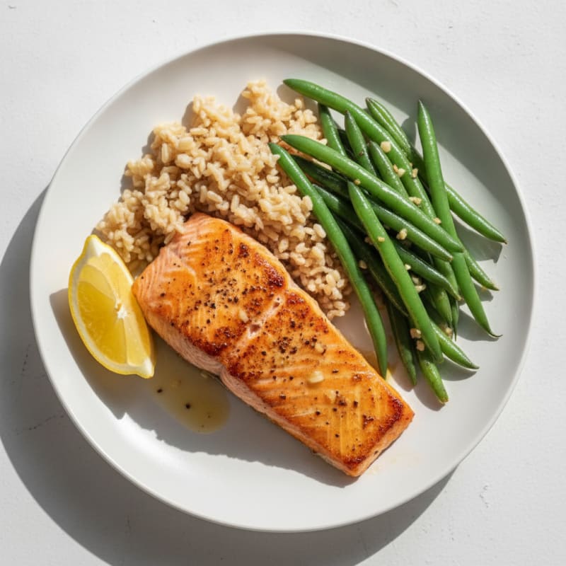 Seared Salmon Fillet with Garlic Green Beans and Brown Rice