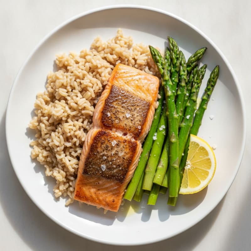 Seared Salmon Fillet with Steamed Asparagus and Brown Rice