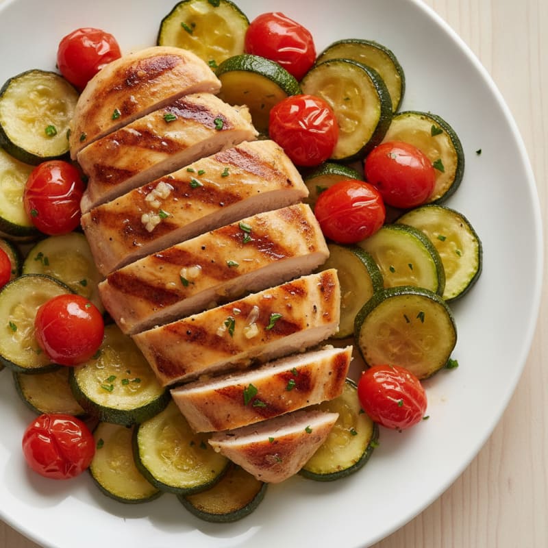 Grilled Chicken Breast with Roasted Zucchini and Cherry Tomatoes