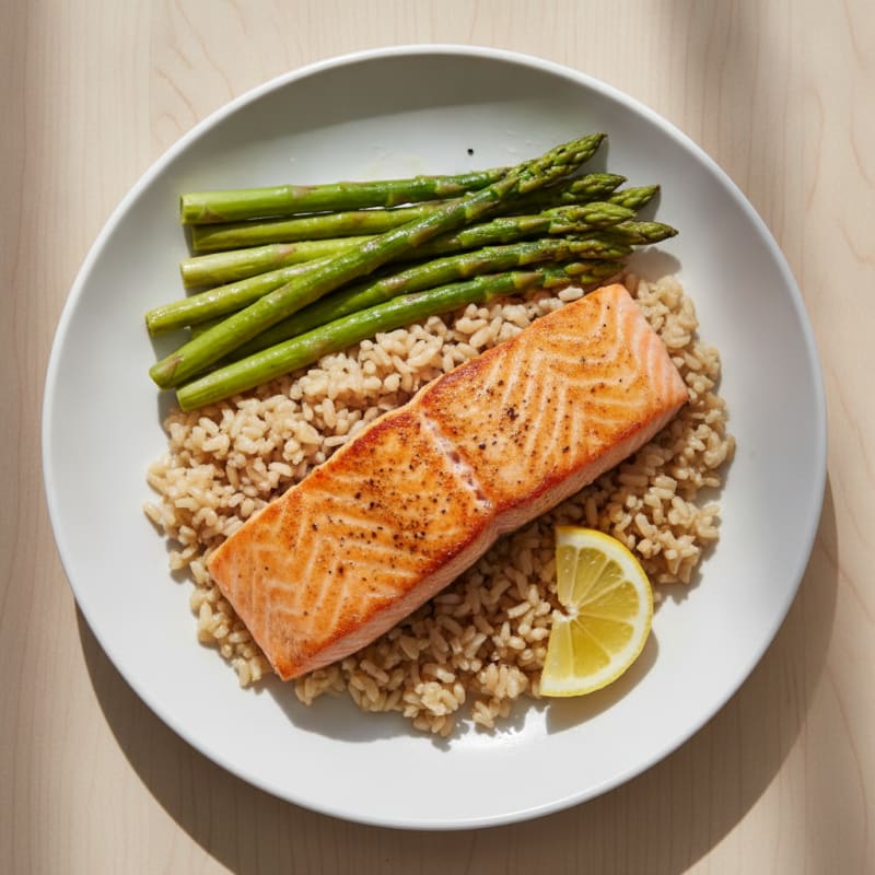 Seared Salmon Fillet with Steamed Asparagus and Brown Rice