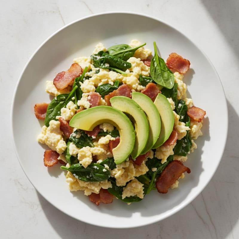 Crispy Turkey Bacon and Egg White Scramble with Sautéed Spinach