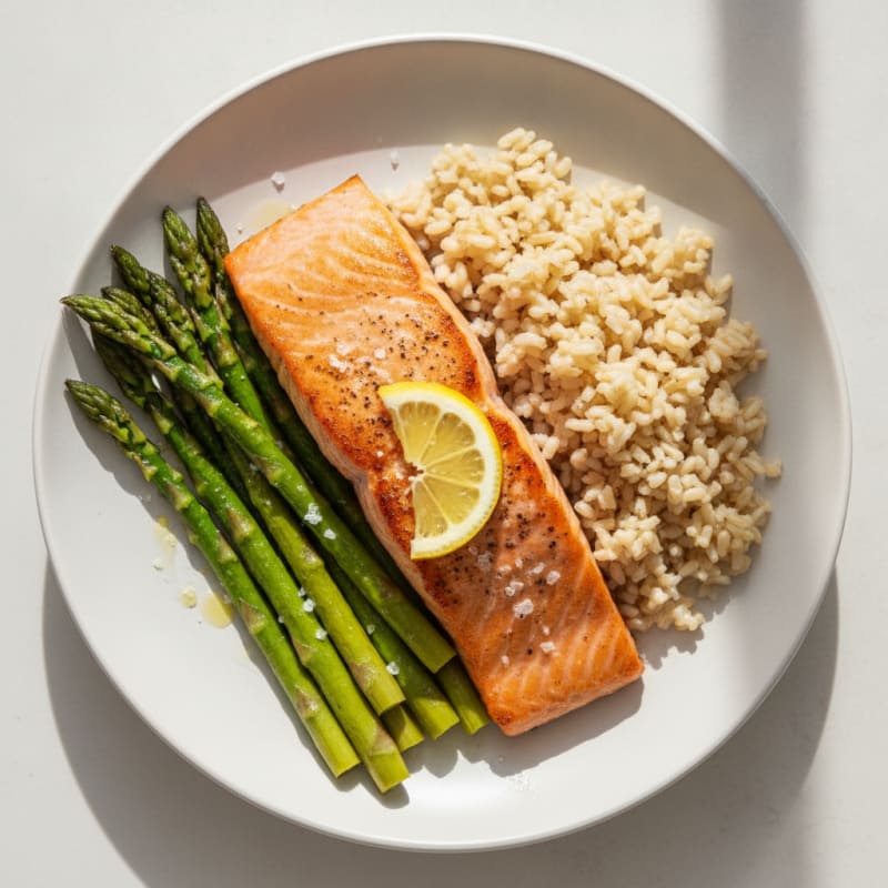 Seared Salmon Filet with Roasted Asparagus and Brown Rice