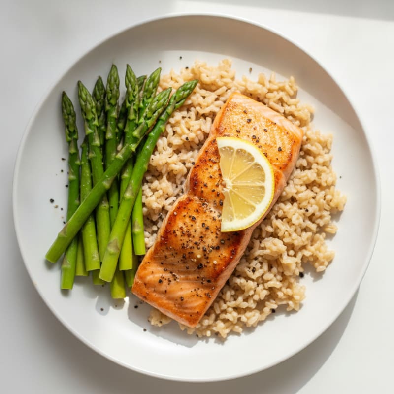 Seared Salmon Fillet with Steamed Asparagus and Brown Rice