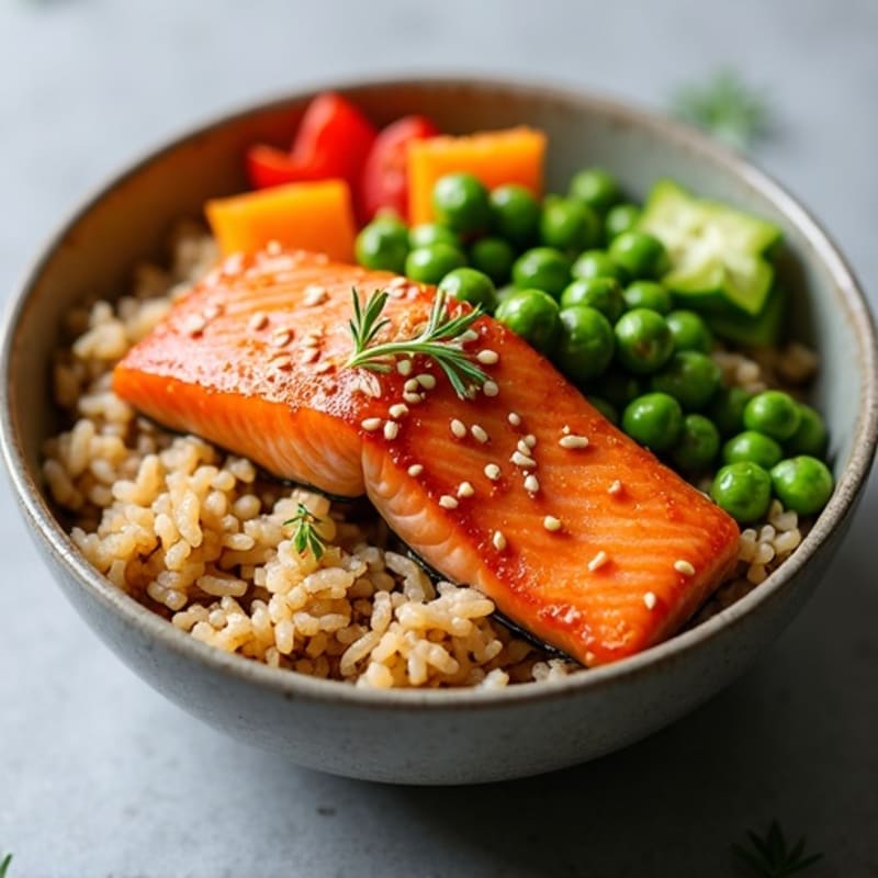 Sesame Ginger Salmon Rice Bowl with Fresh Vegetables