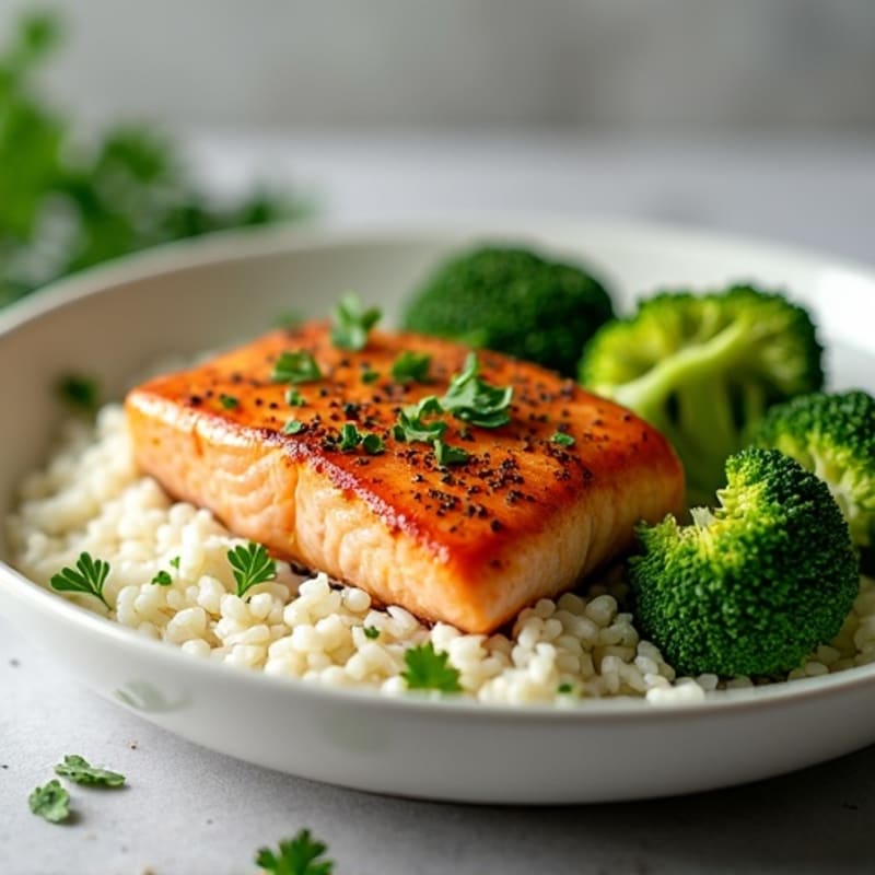 Pan-Seared Salmon with Steamed Broccoli and Herb Rice