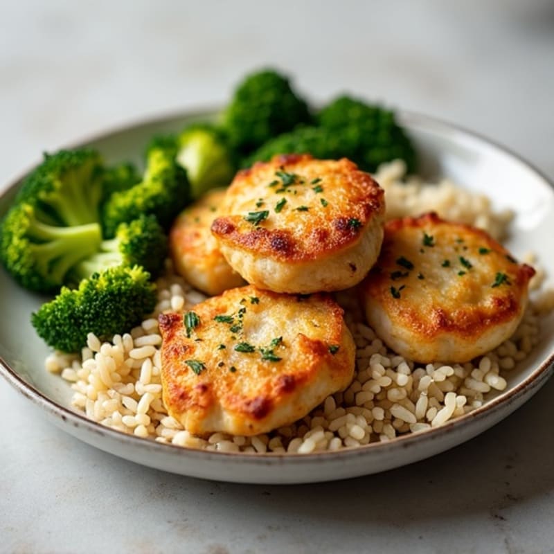 Crispy Garlic Herb Chicken Bites with Fluffy Brown Rice and Roasted Broccoli