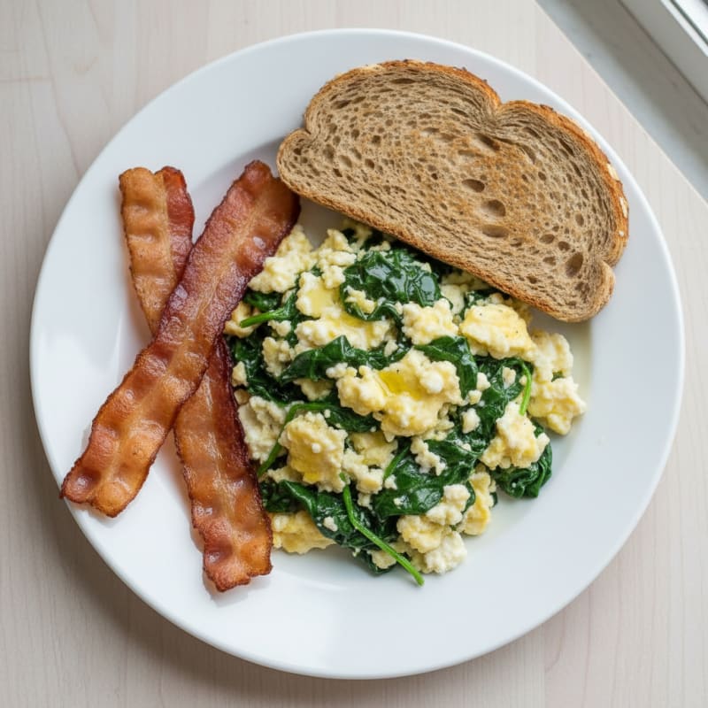 Cottage Cheese Scramble with Spinach and Turkey Bacon