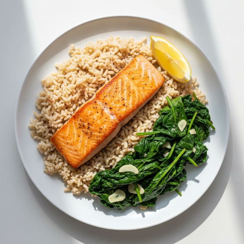 Seared Salmon with Garlic Sautéed Spinach and Brown Rice