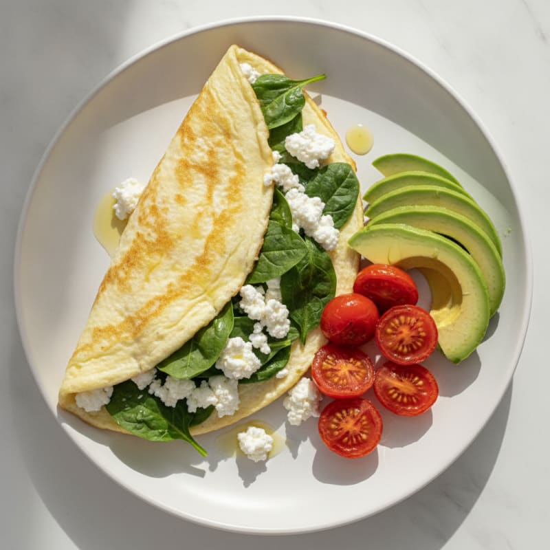 Egg White Spinach Omelette with Cottage Cheese and Cherry Tomatoes