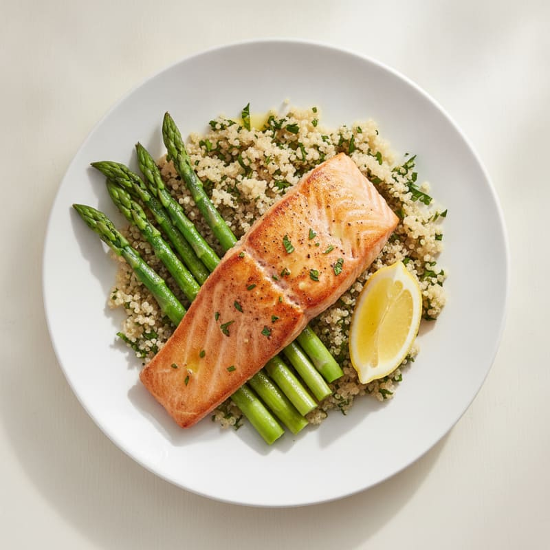 Seared Salmon Fillet with Steamed Asparagus and Quinoa