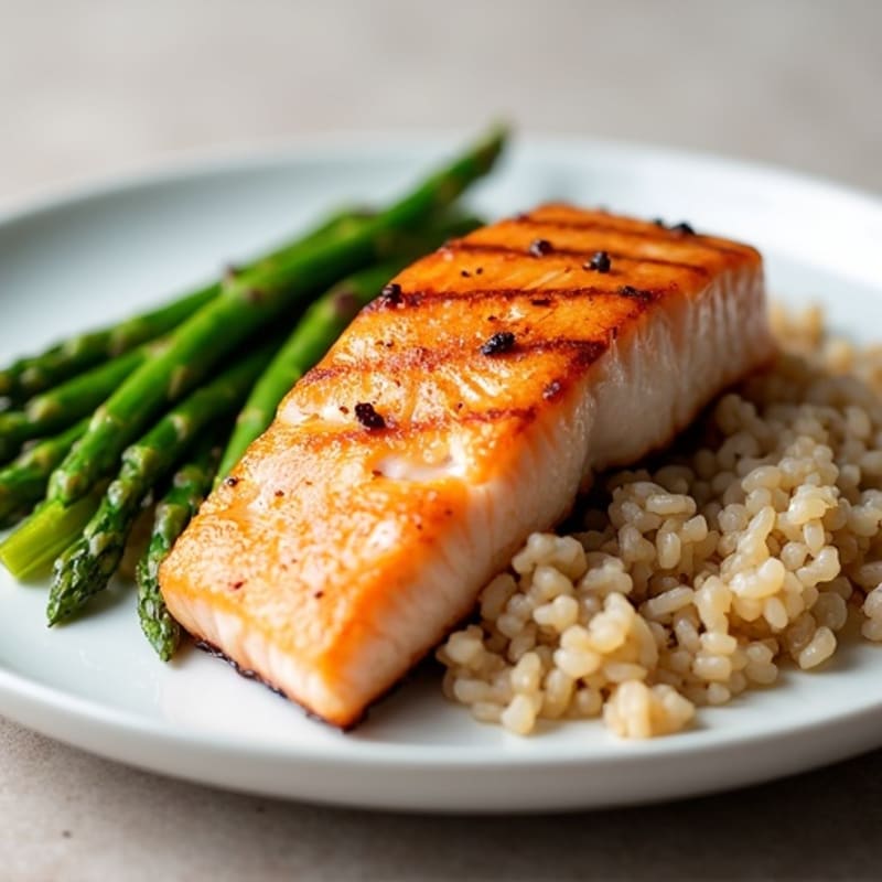 Seared Salmon Fillet with Steamed Asparagus and Brown Rice