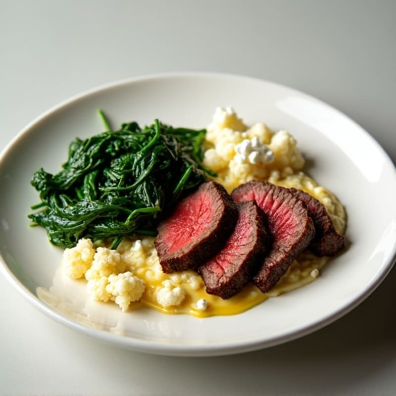 Seared Lean Beef Strips with Sautéed Spinach and Cauliflower Mash