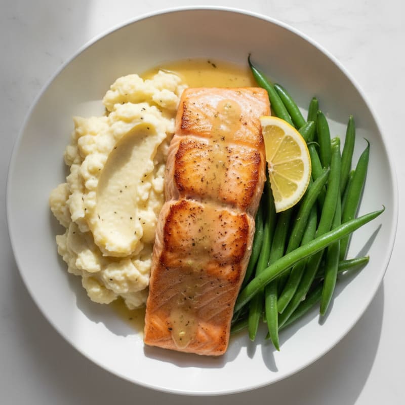 Seared Salmon with Steamed Green Beans and Garlic Mashed Cauliflower