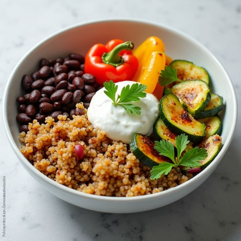 Smoky Black Bean and Quinoa Bowl with Roasted Veggies and Creamy Cilantro Lime Dressing