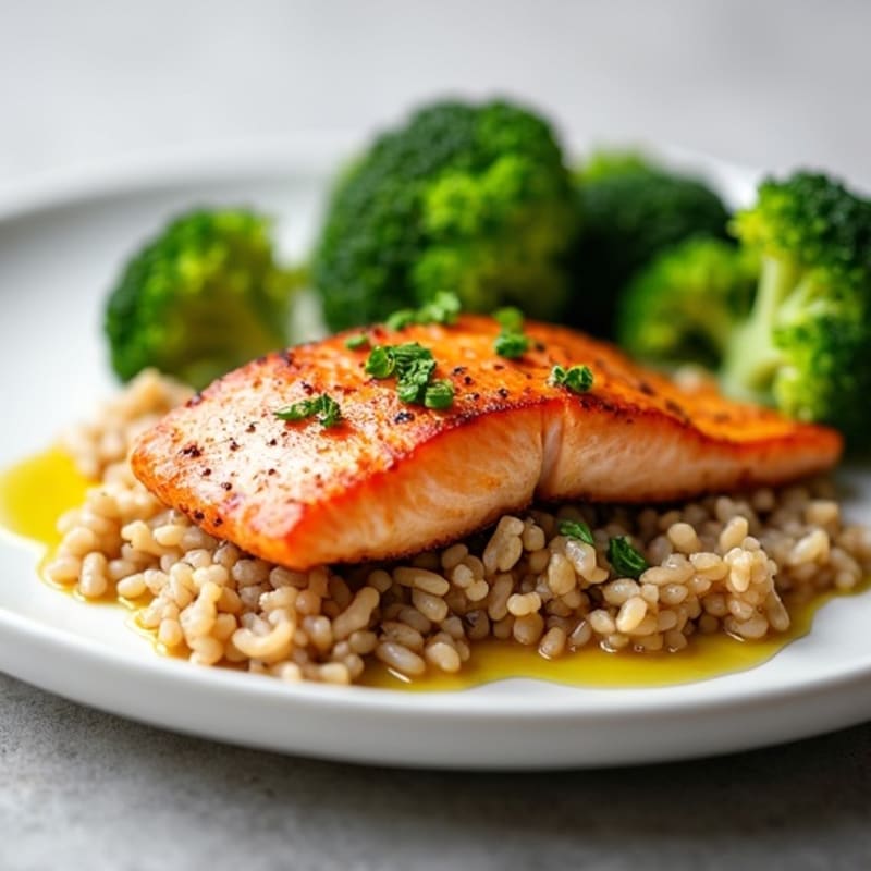 Seared Salmon with Steamed Broccoli and Brown Rice