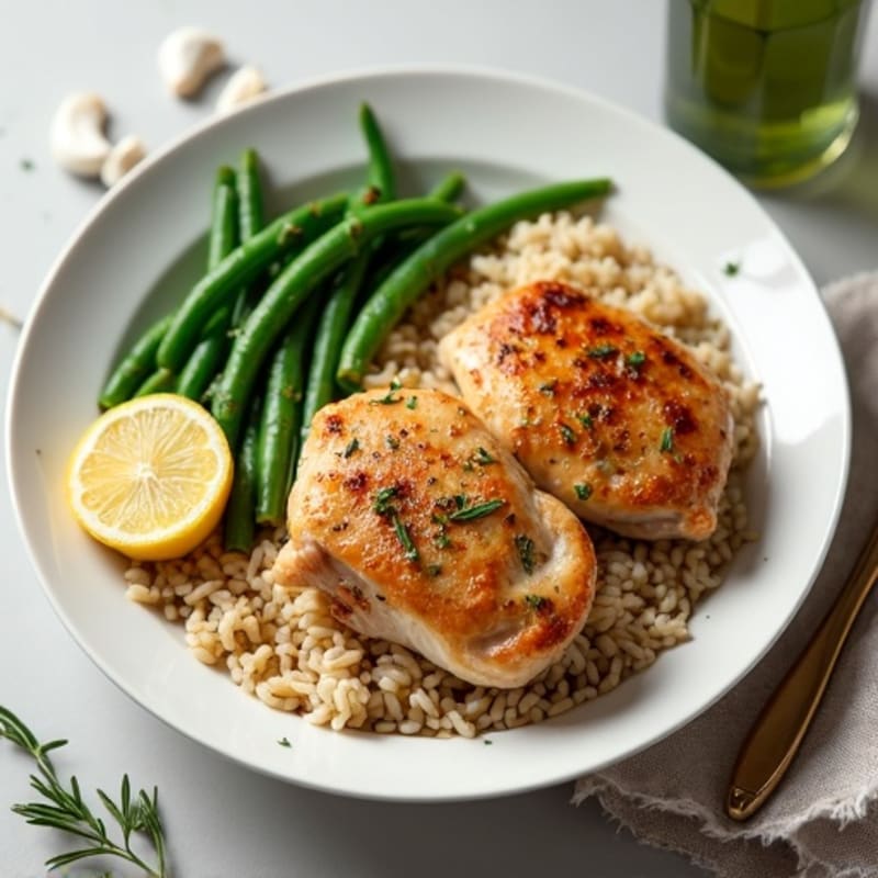 Lemon Herb-Roasted Chicken Thighs with Fluffy Brown Rice and Crispy Green Beans