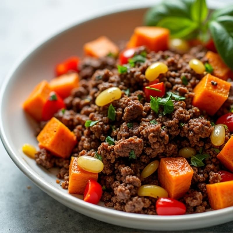 Savory Ground Beef and Roasted Sweet Potato Skillet