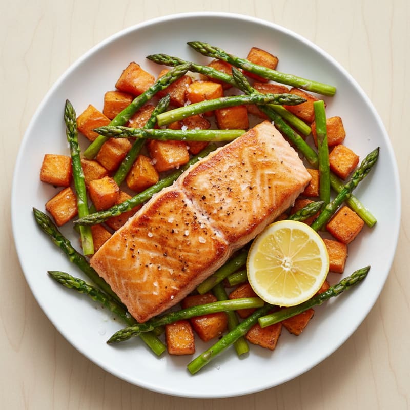 Seared Salmon with Roasted Sweet Potatoes and Asparagus