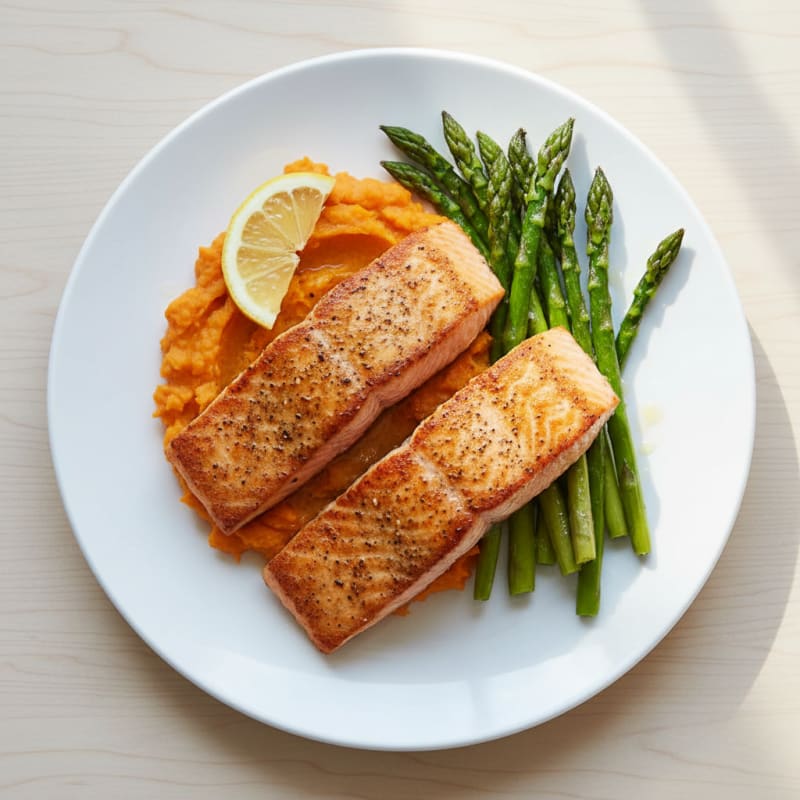 Seared Salmon with Roasted Asparagus and Sweet Potato Mash