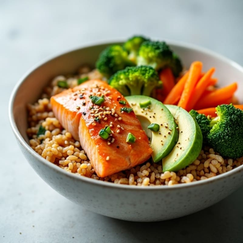 Sesame Ginger Salmon Rice Bowl with Fresh Avocado and Crispy Vegetables