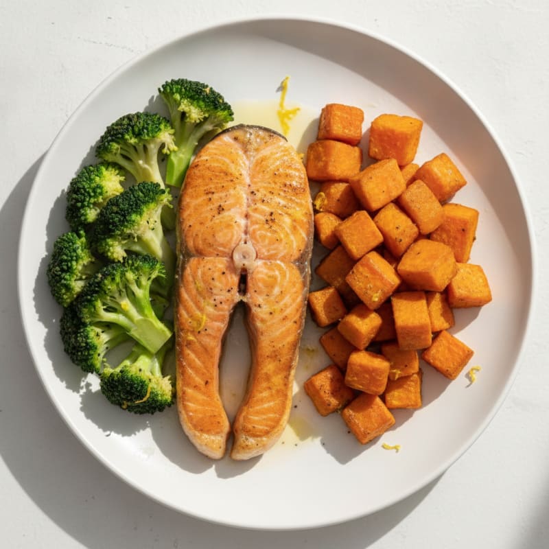 Seared Salmon with Roasted Sweet Potato and Steamed Broccoli