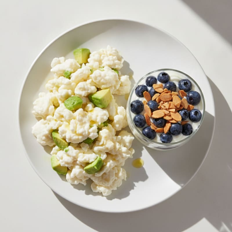Egg White and Avocado Scramble with Blueberry Yogurt Parfait