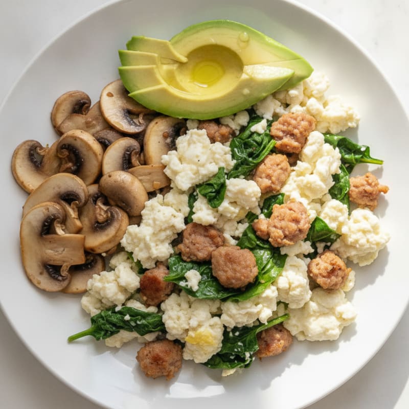 Egg White Spinach Scramble with Turkey Sausage and Sautéed Mushrooms