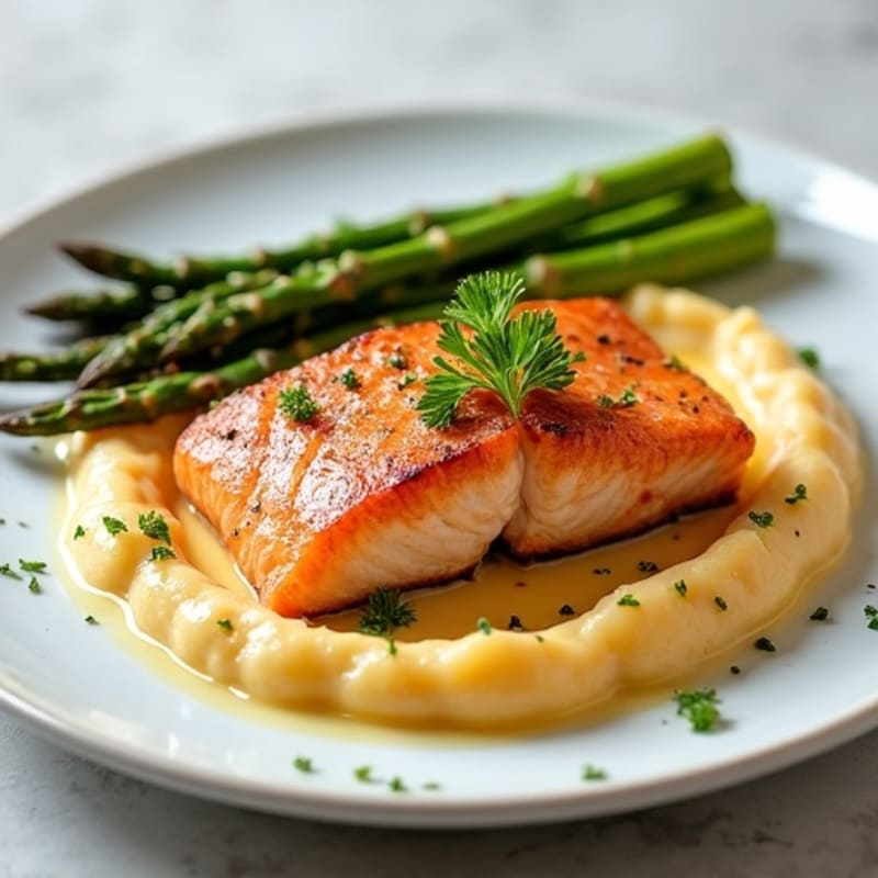 Pan-Seared Salmon with Roasted Asparagus and Creamy Mashed Sweet Potato