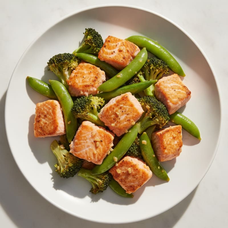 Stir Fried Salmon with Broccoli and Snap Peas