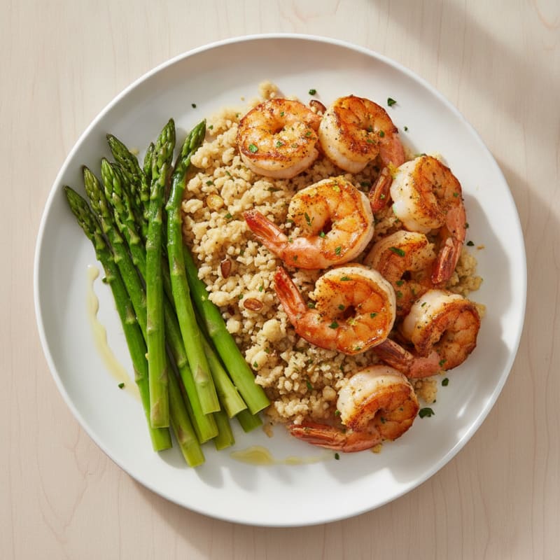Seared Shrimp with Garlic Cauliflower Rice and Steamed Asparagus