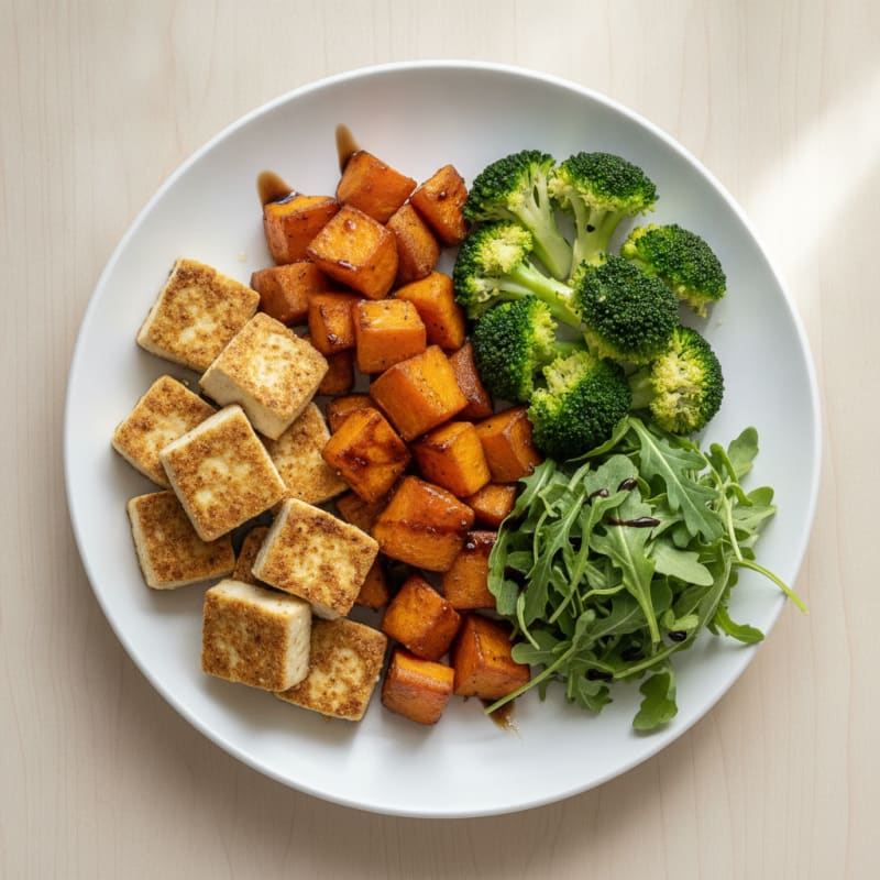 Seared Tofu with Roasted Sweet Potatoes and Steamed Broccoli