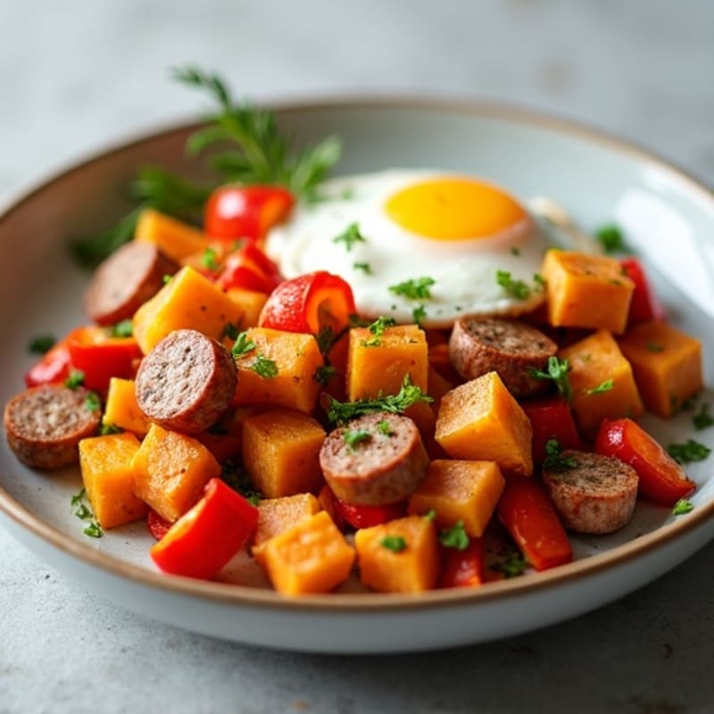 Crispy Sweet Potato and Turkey Sausage Skillet with Scrambled Eggs