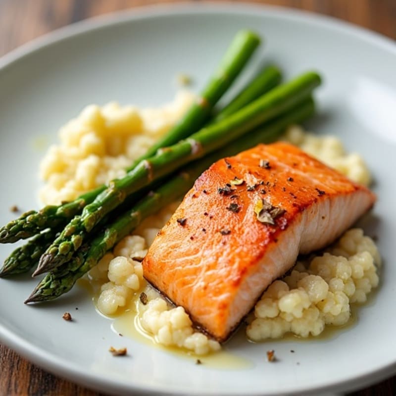 Seared Salmon with Steamed Asparagus and Cauliflower Mash