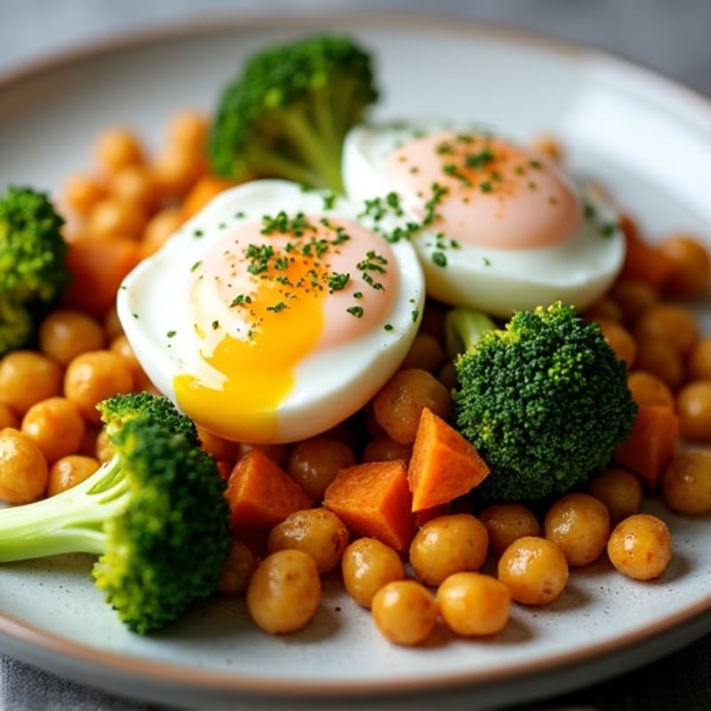 Crispy Lemon-Herb Roasted Chickpeas with Sweet Potatoes, Broccoli, and Poached Eggs