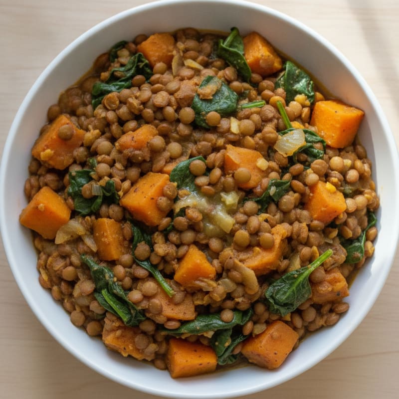 Lentil and Sweet Potato Stew with Fresh Spinach