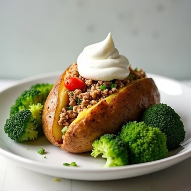 Crispy Baked Potato with Lean Ground Turkey, Broccoli, and Creamy Greek Yogurt Topping
