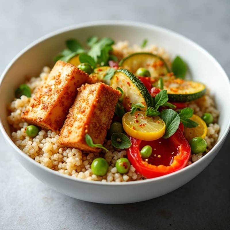 Crispy Tofu Power Bowl with Quinoa and Roasted Vegetables