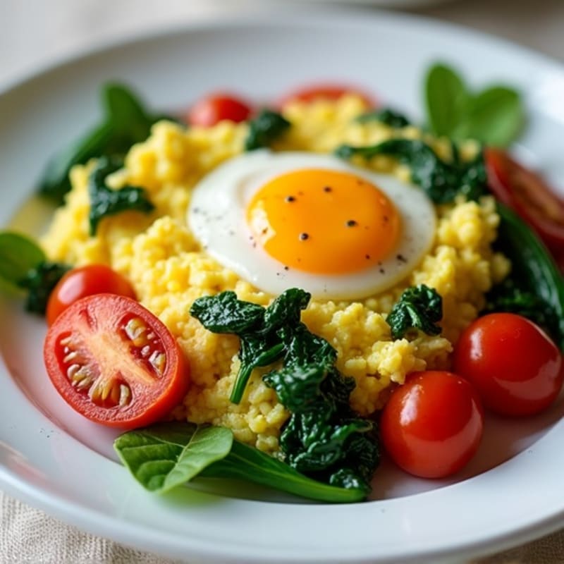 Fluffy Scrambled Eggs with Sautéed Spinach and Cherry Tomatoes